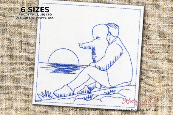 Reviewing a Seasonal Embroidery Design: Dad and Son Watching Sun
